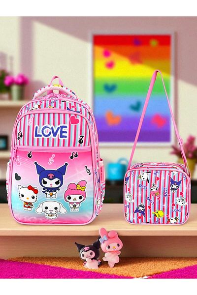 Shopiolog Primary School Orthopedic Waterproof Water Bottle 3 Compartments Nutritional 2-Piece Primary School Girl Backpack