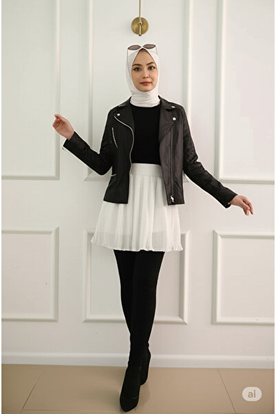 Modabenna Ecru Women's Elastic Pleated Women's Mini Skirt Underwear Lining Pleated Pleated