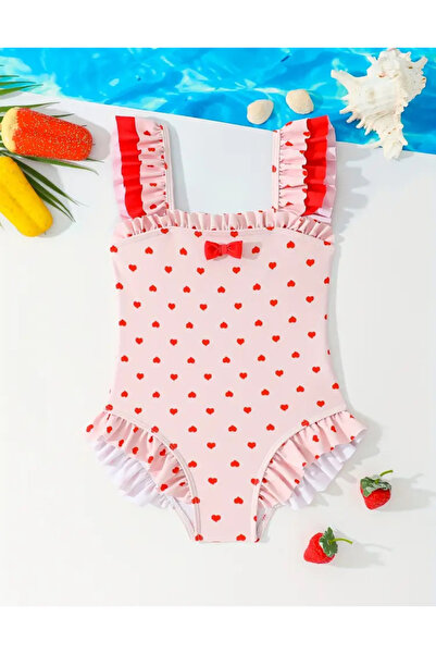 MODA Kız Çocuk Pembe Kalpli Fırfırlı Mayo – Sevimli Yazlık Tek Parça Yüzme Mayo