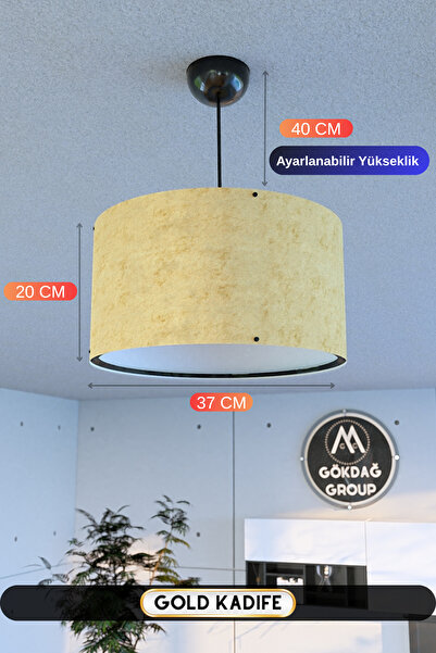 GÖKDAĞ GROUP Gold Kadife Kumaş Başlıklı Sarkıt Avize 37 CM Mega Boy