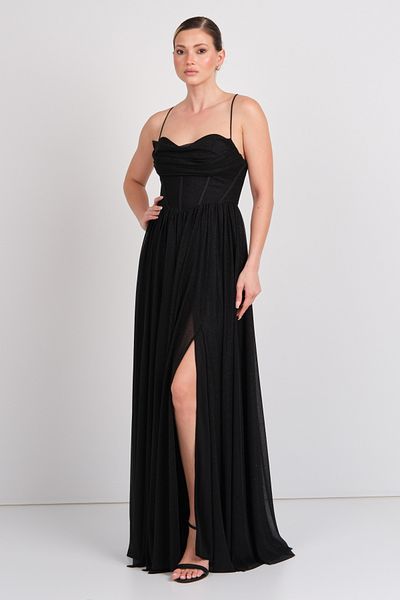 Dans Women's Underwire Draped Strapless Maxi Evening Dress 1771 Black