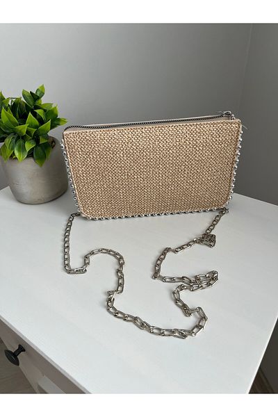 ESNEVA Women's Straw Stylish Design Removable Chain Handle Zippered Hand and Shoulder Bag