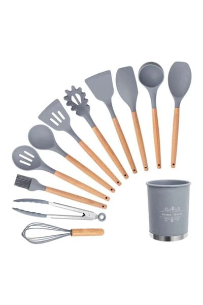 nizi Set ustensile de gatit pentru bucatarie, 12 piese lemn si silicon alimentar, gri