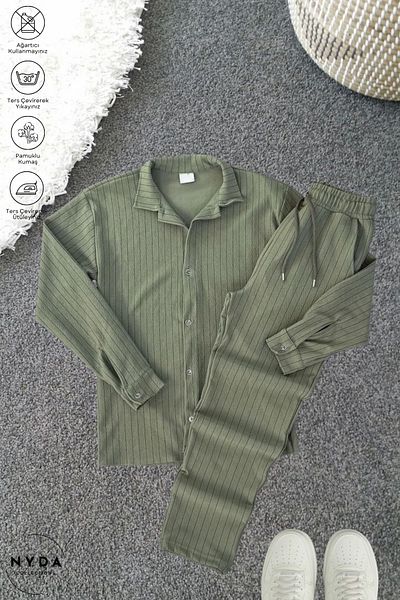 Nyda Collections Men's Crepe Fabric Striped Lycra Oversize Long Sleeve Shirt with Pockets Elastic Waist Lace-Up Trousers Set