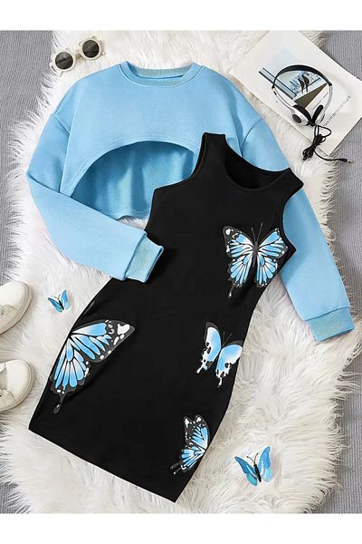 npLStore Kids Butterfly Printed Dress & Winter Crop 2 Piece Set
