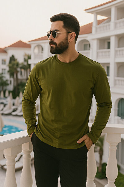 Rich Ανδρικό μακρυμάνικο μπλουζάκι χακί με λαιμόκοψη - 100% βαμβακερό Basic Relaxed T-shirt