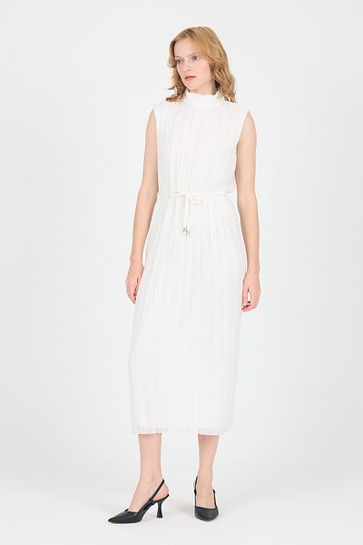 Rays White Chiffon Sleeveless Pleated Waist Tie Midi Dress 118