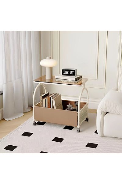 Herum Mobile coffee table, glass top, metal frame, storage space, Herum, Cream, 55 x 36 x 57 cm
