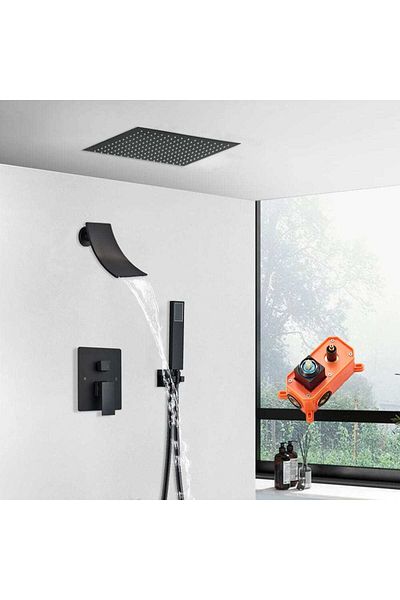 CasaVie Set de dus negru incastrabil in tavan, cu para patrata 30 cm, 3 functii de curgere a apei, cod 1402