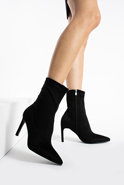 golden heel siyah streç 8.5 cm orta boy kadın topuklu bot