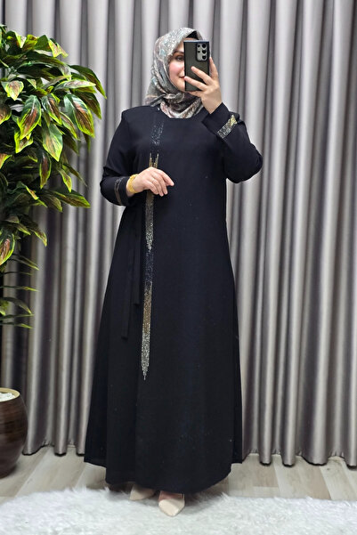 Elmas Tesettür Kadın Tesettür Giyim Büyük Beden Şerit Taş Detaylı Abaya