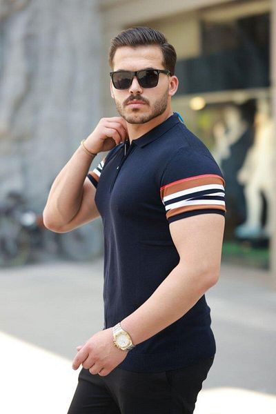 Aymood Tricou cu mâneci scurte pentru bărbați, cu guler cu fermoar și model