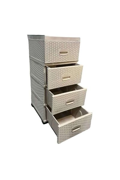 OEM Plastic Storage Cabinet with 4 Drawers, Rattan Style, 38 x 45 x 90 cm, Beige + Set of 6 Universal Mo