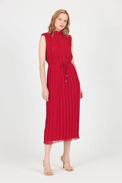 Rays Red Chiffon Sleeveless Pleated Waist Tie Midi Dress 118