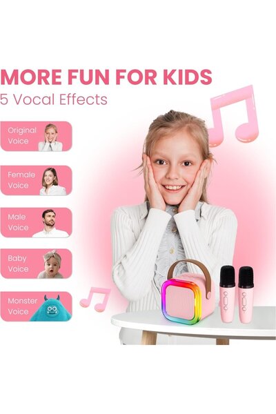 OEM Set boxe karaoke portabile cu 2 microfoane wireless, sunet stereo 3D, lumini RGB, roz