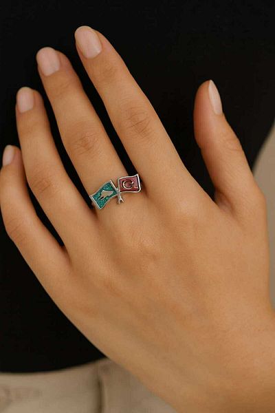 Herşey Nota Adjustable Turkish White Wolf and Double Flag Ring – Men's Metal Accessory |   Moon Star Stylish Design
