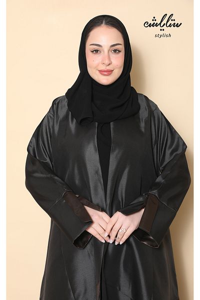 Stylish Nawaem black wrap abaya with inserts and delicate embroidery