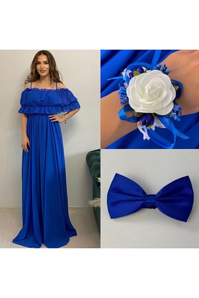 MONNET MODA Rochie lungă din voal albastru cu papion și brățară - Mărime universală