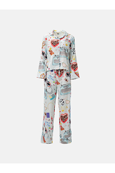 ARONA Saten Uzun Kollu Gecelik Memory Desen Alt Üst Takım