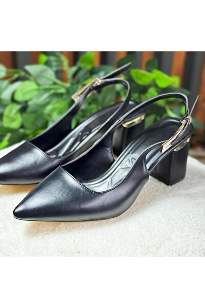 MEY Black Pointed Toe Mattress Open Back Block Heel Shoes M1127