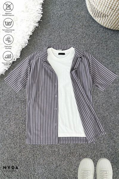 Nyda Collections Men's Waffle Cotton Fabric Striped Seasonal Lycra Oversize Short Sleeve Shirt