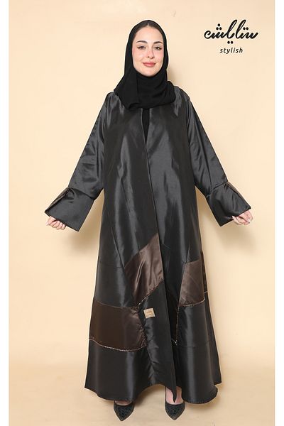 Stylish Nawaem black wrap abaya with inserts and delicate embroidery