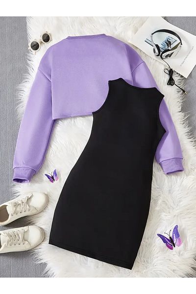 Machetta Kids Butterfly Printed Dress & Winter Crop 2 Piece Set