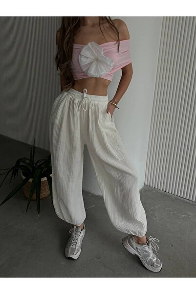 Bisou Yüksek Bel Müslin Şalvar Pantolon Beyaz