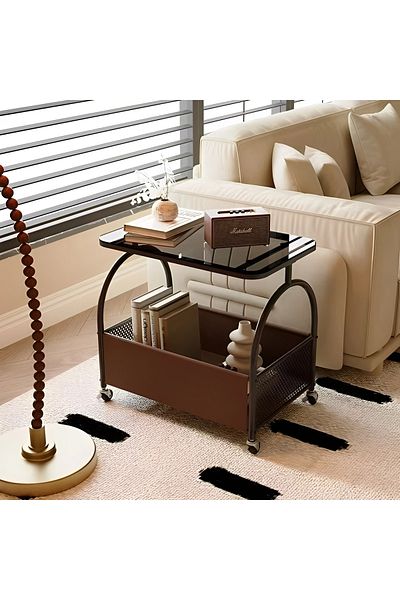 Herum Mobile coffee table, glass top, metal frame, storage space, Herum, Brown, 55 x 36 x 57 cm