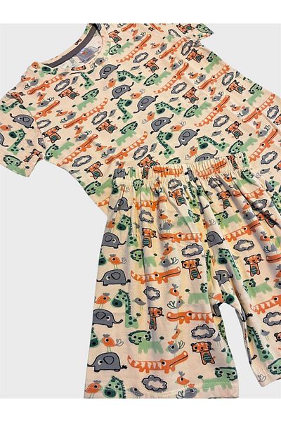 elmas kids Boys' 100% Cotton Beige Safari Patterned Short Sleeve Shorts Summer Pajama Set