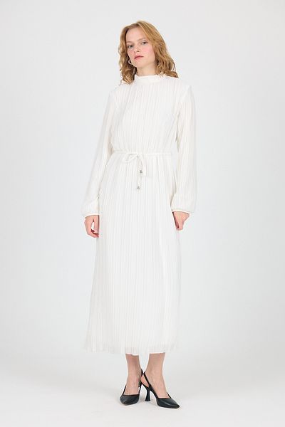 Rays White Chiffon Long Sleeve Pleated Waist Tie Midi Dress 020