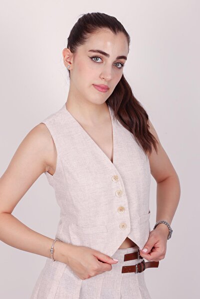 Hazel Women's Stone Buttoned Linen Vest