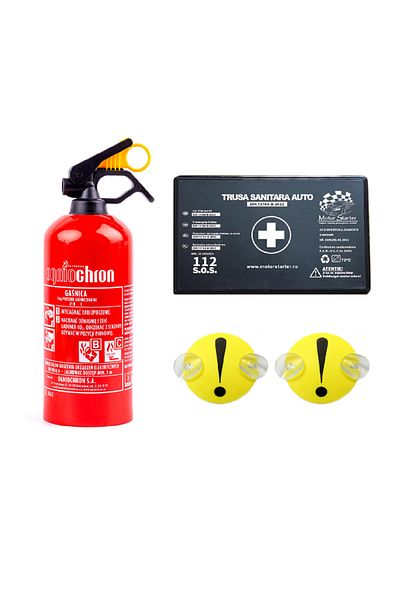 motor starter Kit siguranta auto valabilitate 5 ani, Trusa medicala, Stingator cu pulbere, Semne incepator cu vent