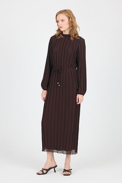 Rays Coffee Chiffon Long Sleeve Pleated Waist Tie Midi Dress 020