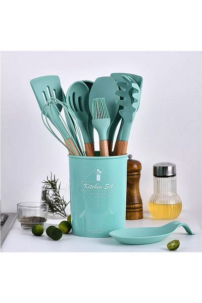 Blasko Set 12 ustensile de bucatarie din silicon cu maner din lemn, design ergonomic