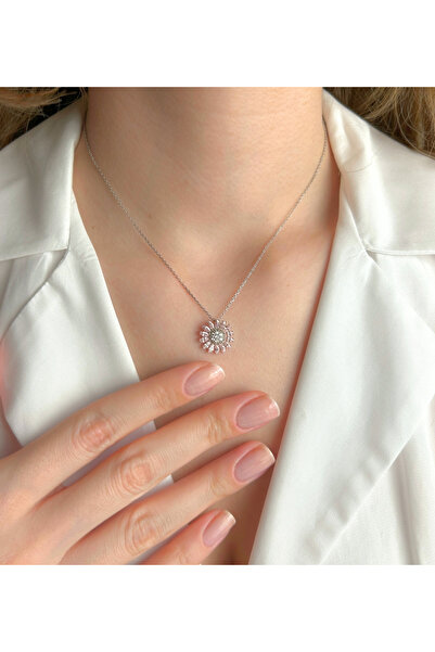 Şimal Silver 925 Ayar Gümüş Pembe Ay Çiçegi Kolye ( Işıklı Kutu Hediye )