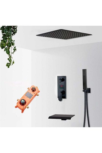 CasaVie Sistem de dus Waterfall, incastrat in tavan, para patrata 40 cm, 3 functii de curgere, negru mat