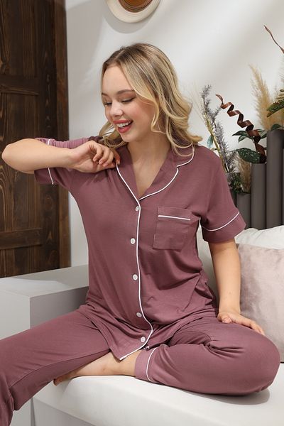 Miss Meryem Dusty Rose Ring Viscose Short Sleeve Front Button Pajama Set