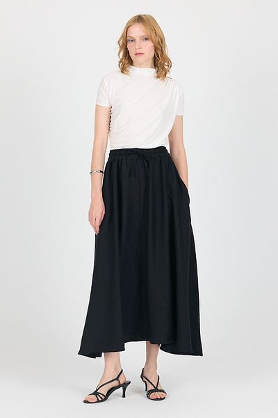 Rays Black Cotton Bell Cut Lace up Long Skirt 8024