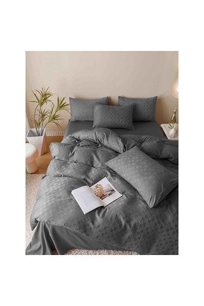 JOJO HOME Set Lenjerie de pat, Jojo Home, JQF4, bumbac jacquard finet premium, uni, 2 persoane, 6 piese, gri a