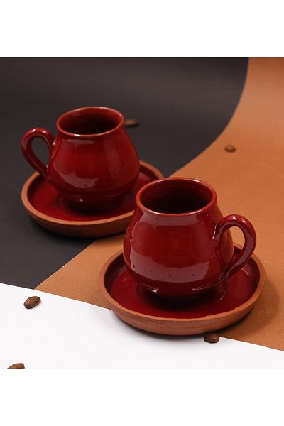 vegahediye v vega Set of 2 Handmade Ceramic Stoneware Glazed Red Turkish Coffee Cup Set 4 Pieces