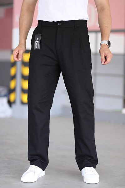 Bürke Double Pleated Black Color Elastic Waist Quality Comfortable Cut Linen Baggy Trousers
