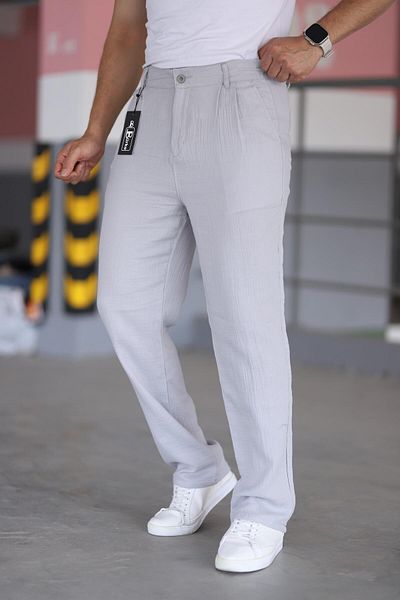 Bürke Double Pleated Gray Color Elastic Waist Quality Comfortable Cut Muslin Baggy Trousers