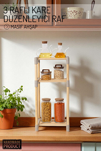 Nandy Home 2 Raflı Kare, Çok Amaçlı Masif Ahşap - Mutfak, Banyo, Ofis Düzenle...