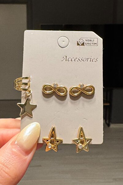H&E DESIGN Kadın 5'li Gold Sonsuzluk Kıkırdak Küpe Seti (Delik Gerektirmez)