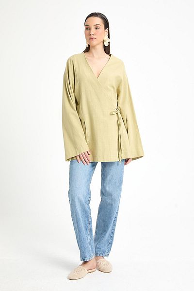 minaaise Oil Green Slit Detailed Tie-Up Long 100% Cotton Kimono 29211