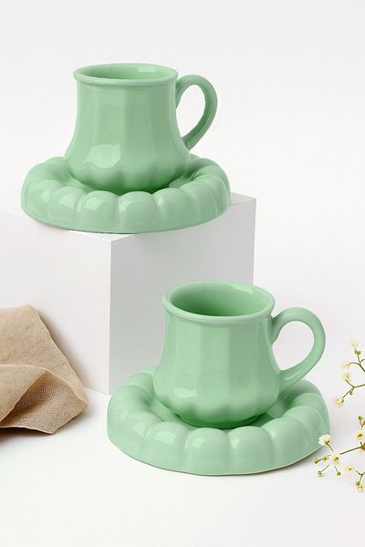 Erbaşlar Bead Green Series 4 Piece Luxury Ceramic Coffee Cup Set for 2 People - Turkish Coffee Cup
