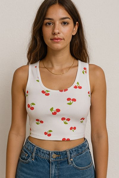 Cherry Lane Cherry Patterned Camisole White Crop Undershirt