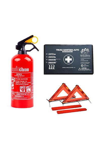 motor starter Kit siguranta auto valabilitate 5 ani, Trusa medicala, 2x Triunghi, Stingator cu pulbere