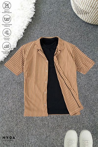 Nyda Collections Ανδρικό πουκάμισο με κοντό μανίκι από βαμβακερό ύφασμα βάφλα ριγέ εποχιακό Lycra Oversize